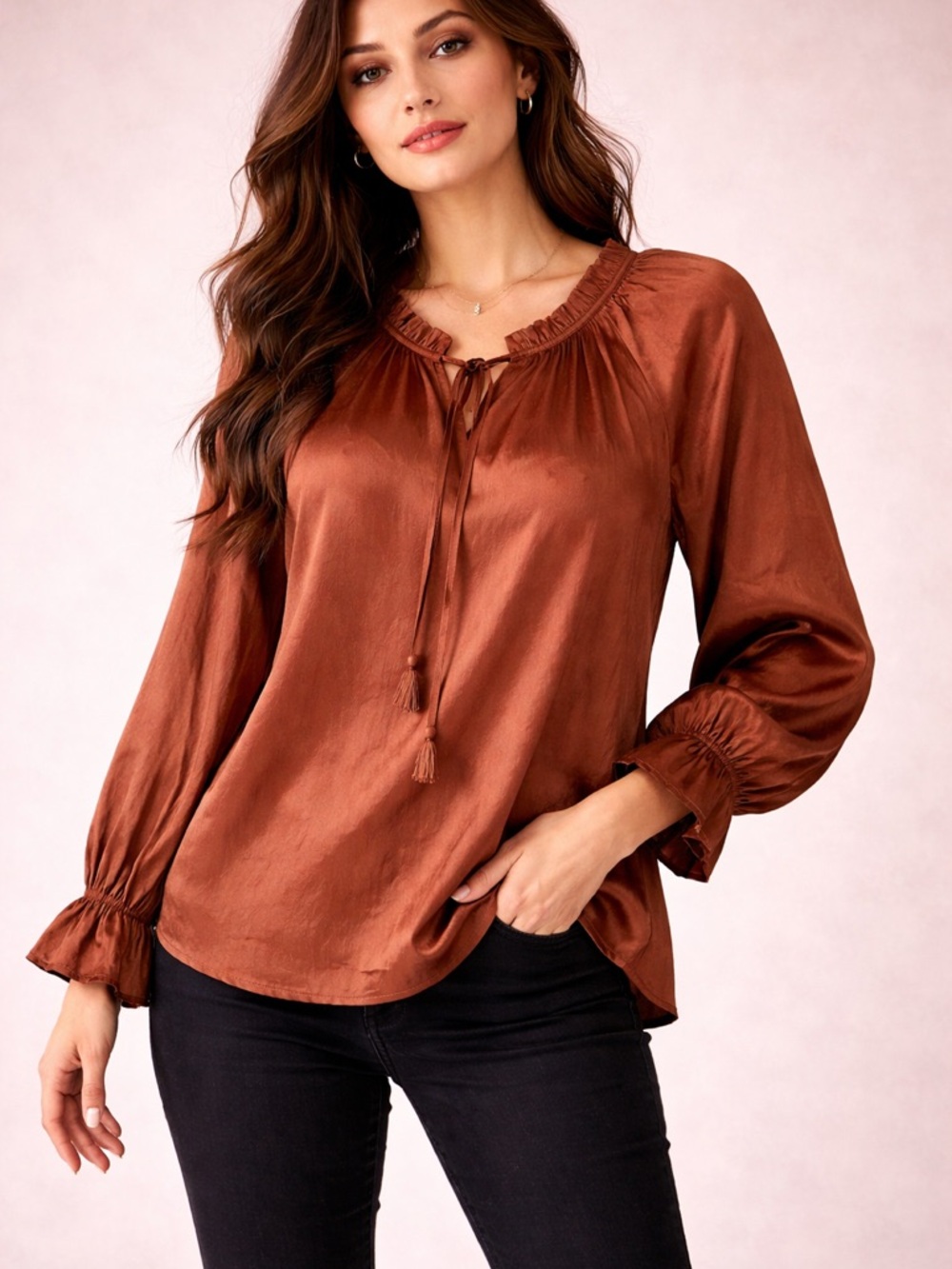 Entro Brown Satin Babydoll Blouse Boho Peasant Tie Neck Puff Sleeve XL